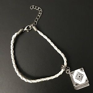 White Braided Leather Book Charm Bracelet